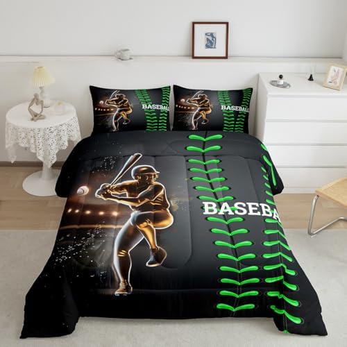 Erosebridal Baseball Bedding Set, Golden Athlete Comforter Set King Size, Sports Games Down Comforter for Kids Boys Girls Bedroom Decor, Glitter Outer Space Duvet Insert for Living Room