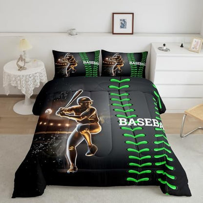 Erosebridal Baseball Bedding Set, Golden Athlete Comforter Set King Size, Sports Games Down Comforter for Kids Boys Girls Bedroom Decor, Glitter Outer Space Duvet Insert for Living Room