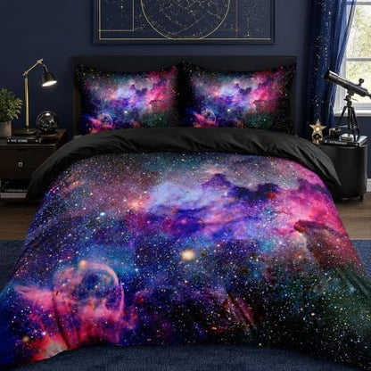Galaxy Duvet Cover Space Bedding Set Twin Size for Teen Kids, for Boys and Girls Purple Bed Set Printed with 1 Comforter Cover and 2 Pillowcases