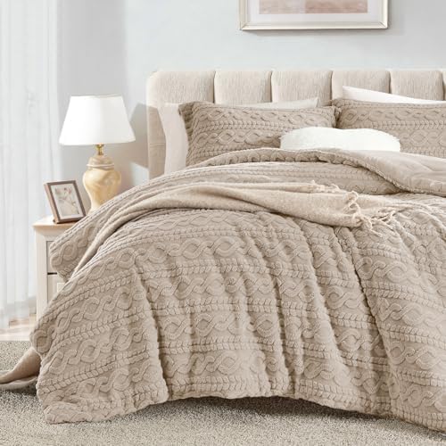 Homelike Moment Fleece King Comforter Set Beige, Fluffy Bed Set 3 Piece