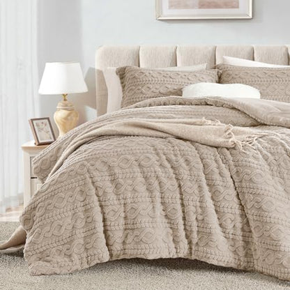 Homelike Moment Fleece King Comforter Set Beige, Fluffy Bed Set 3 Piece