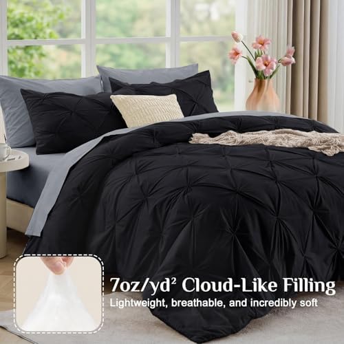 JOLLYVOGUE Twin XL Comforter Set 7 Pieces - Bed in a Bag Twin XL for All Season, Pintuck Bedding Comforter Sets with Comforter, Flat Sheet, Fitted Sheet and Pillowcases & Shams, Black & Light Grey