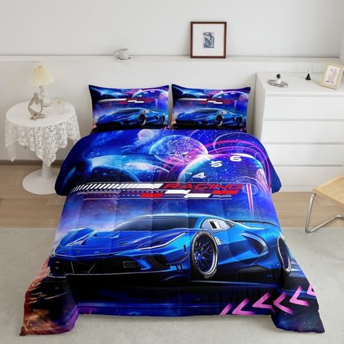 Feelyou Blue Race Car Bedding Set - Queen Size Kids Boys Extreme Sports Car Comforter Set Decorations Teens Toddler Galaxy Planet Duvet Set Cool Modern Quilt Set 3Pcs