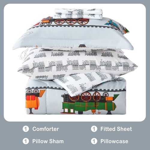 Viviland Kids Twin Bedding Sets, Boys Comforter, Light Grey Train