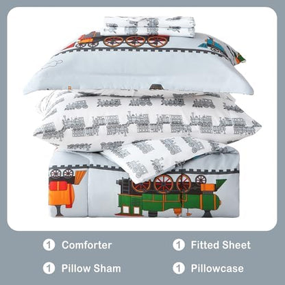 Viviland Kids Twin Bedding Sets, Boys Comforter, Light Grey Train
