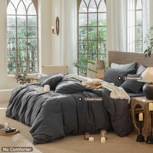 MooMee Wavy Striped Duvet Cover Set 100% Washed Cotton Linen Like Textured Breathable Durable Soft Comfy (Charocal Grey, Full 80"x90")