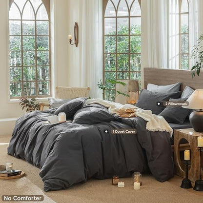 MooMee Wavy Striped Duvet Cover Set 100% Washed Cotton Linen Like Textured Breathable Durable Soft Comfy (Charocal Grey, Full 80"x90")