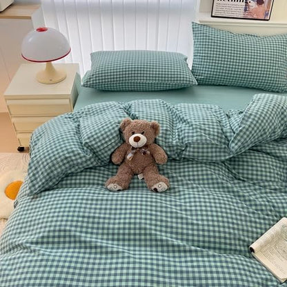 mixinni Dark Green Gingham Comforter Set King, Plaid Comforter Set 3 Pieces 1 Teal Grid Comfoter with 2 Pillow Cases for All Seasons, Soft Fluffy Modern Grid Pattern Printed Bedding-King Size