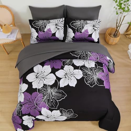 Luxudecor Floral Comforter Set Full Size, 7 Pieces Bed in a Bag Purple Floral Comforter and Sheet Set, Soft Microfiber Complete Bedding Sets for All Seasons