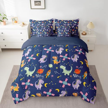 Feelyou Kids Cute Dinosaur 7 Piece Bedding Set Twin Size Solar System Comforter Set with Sheets for Boys Girls Moon Star Print Bed in a Bag Navy Blue Bed Set