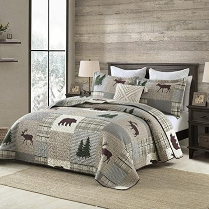 PERHOM Quilt Queen Size - 100% Cotton Lightweight Cabin Plaid Queen Quilt Bedding Set, Forest Tree Brown Bear Deer Patchwork Reversible Bedspread/Comforter Set with 2 Pillow Shams, 3PCS