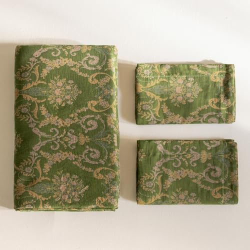 VM VOUGEMARKET Green Floral Duvet Cover Queen,3 Pieces Retro Boho Medallion Jacquard Flower Bedding Set,Linen Cotton Yarn-Dyed Textured Reversible Duvet Cover with Zipper Closure