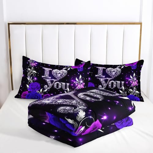 Purple Floral Queen Size Comforter Set for Girls，Silver Diamond Pattern Bedding Set，with 1 Comforter with 2 Pillow Case，Diamond Room Decor for Bedroom