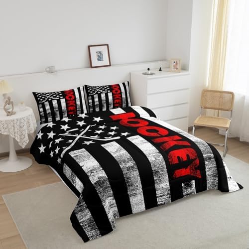 Ice Hockey Comforter Set Full,Puck Hockey Sport Games Bedding Set for Kids Boys Teens Men,Black White American Flag Bedding Comforter Set,Retro United States Flag Quilt Duvet Set 2 Pillow Cases