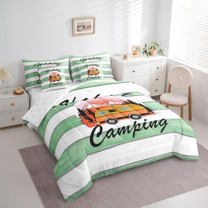 Erosebridal Happy Camping Comforter Set Twin Size,Cartoon RV Bedding Set for Kids Teens,Green Wooden Plank (Comforter+Fitted+Flat Sheet+2 Pillowcases+2 Throw Pillow Covers) 7 Pieces Bed Set