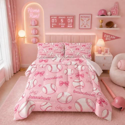 BSNTHO Baseball King Size, Comforter Set Pink Bow Kids Comforter 3Pcs
