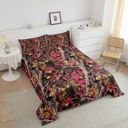 Feelyou Woods Pink Camouflage Comforter Set Camo Print Bedding Set for Kids Boys Girls Cabin Rustic Comforter Farmhouse Quilt Set Room 3Pcs King Size