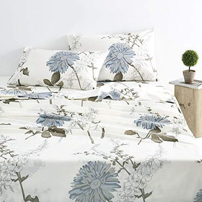 Wake In Cloud - Floral Bed Sheets, 100% Cotton, 4-Piece Sheet Set, Vintage Flower Botanical Shabby Chic Coquette Cottage Aesthetic Bedding, Deep Pocket, Gray Beige, California King Size