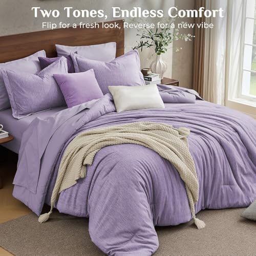 JOLLYVOGUE Purple Full Comforter Set, Cationic Dyeing Bed in a Bag Full 7 Pieces, Double-Tone Bedding Set with Down Alternative Comforter, Sheets, Pillowcases & Shams