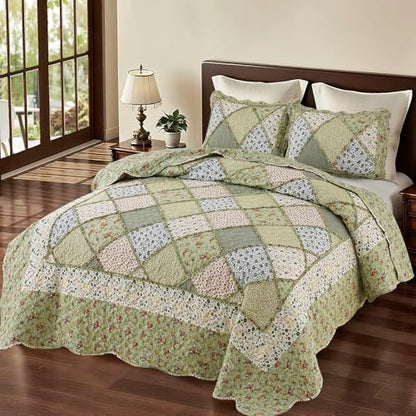 King Size Quilt Set Green Floral Patchwork Quilted Bedspreads Coverlet Set