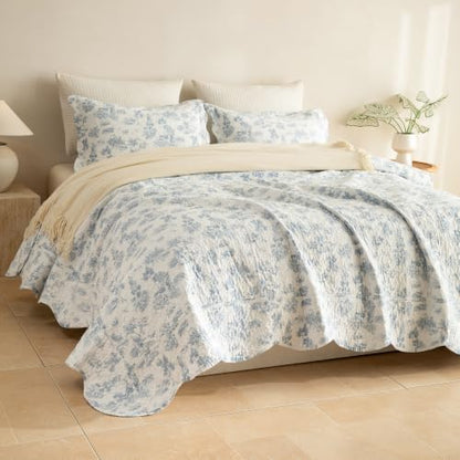 Lady Ann 100% Cotton Queen Quilt Set, Light Blue Floral Pattern Printed Beddding Set, Lightweight Scalloped Edge Ultra Soft Quilted Bedspread & Coverlet for All Season, 3 Pcs