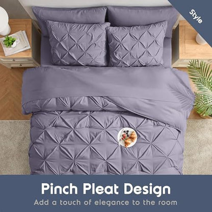 Nestl 9 Piece King Comforter Set – Grayish Purple Pinch Pleated Bed in a Bag – Complete King Size Bedding Set with Sheets, Set of 2 Cooling Pillows, Pillowcases and Shams