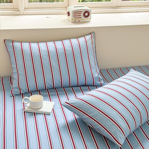 NSNLGSGC Blue and Red Retro Striped Duvet Cover Set, King