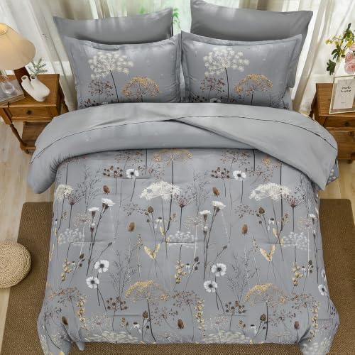 Yiran Queen Comforter Size Set, 7 Piece Grey Dandelion Floral Bed in a Bag