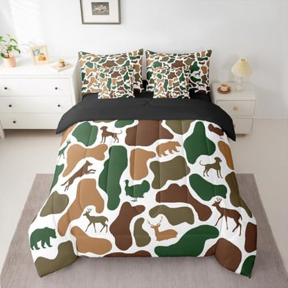 Erosebridal Camo 7 Piece Bedding Set Queen Hunt Bear Comforter Set with Sheets Turkey Wolf Hound Deer Print Bed in a Bag Green White Camouflage for Kids Boys Girls