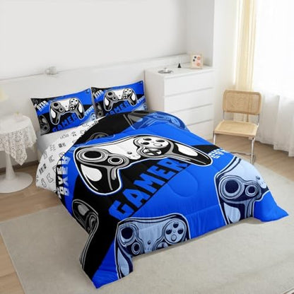 Erosebridal king Gamer Comforter Sets for Boys&Girls ,Gaming Boys 3 Pcs Bed in A Bag Video Game Bedding -All Season Microfiber Kids,with 2 Pillowcases 1 Blue Black