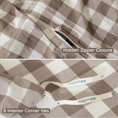 MooMee Gingham Duvet Cover Set 100% Washed Cotton Linen Like