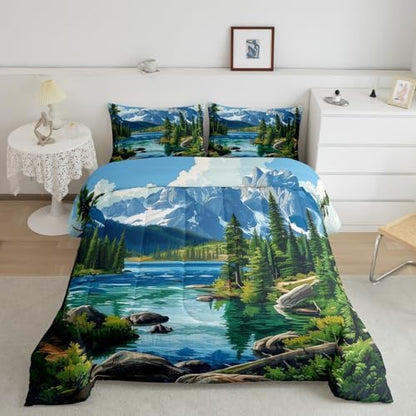 Woodland Comforter Set Full Size,Lake House Rustic Style Duvet Insert for Kids Teens Adults Room Decor,Camping Adventure Retro Bedding Set 3Pcs,Woodland Mountain River Scenery Quilt Set,2 Pillowcases