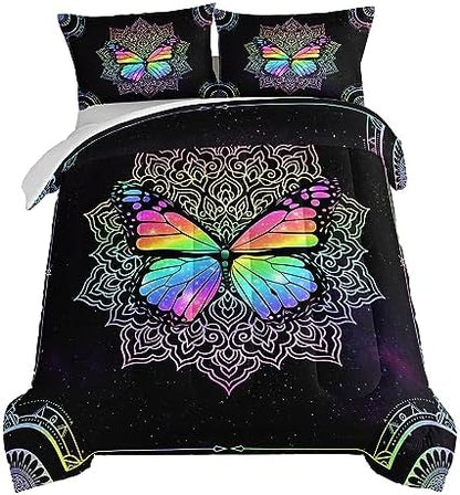 HOSIMA Butterfly Bedding for Girls,Mandala Bed in a Bag Queen Comforter Set - Colorful Butterfly Design,Galaxy Bedding Set for Beds,Microfiber Star Comforter with 2 Pillowcases,Dorm Room Essentials.