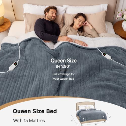Heated Electric Blanket Queen Size, Dual Control 84" x 90“, Ash Gray