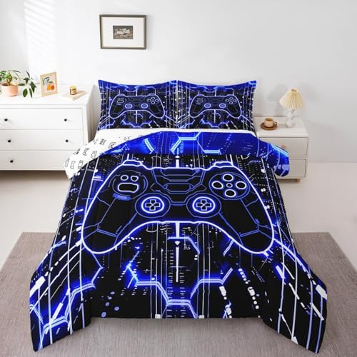 Feelyou Kids Blue Gamer Bedding Set Toddler Size, Honeycomb Gaming Comforter Set Boys Girls Modern Game Console Comforter Gamepad Teens Duvet Set Bedroom Decor Bed Set 2Pcs