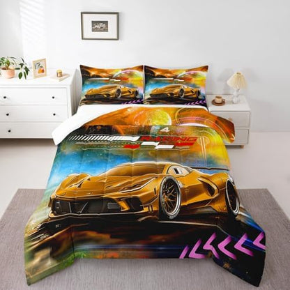Feelyou Orange Race Car Bedding Set King Size for Kids Boys Extreme Sports Car Comforter Set Decorations Teens Toddler Galaxy Planet Duvet Set Cool Modern Quilt Set 3Pcs