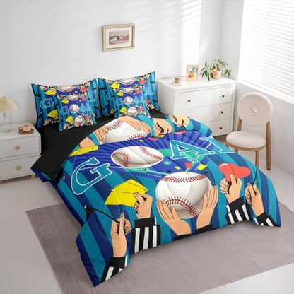 Erosebridal Boys Baseball Gaming Pattern Navy Blue Boys Kids 7 Piece Bedding Set Twin | Playground Comforter Set with Sheets Ball Games Sports Theme Bed in A Bag Stripes Geometric Bed Sets