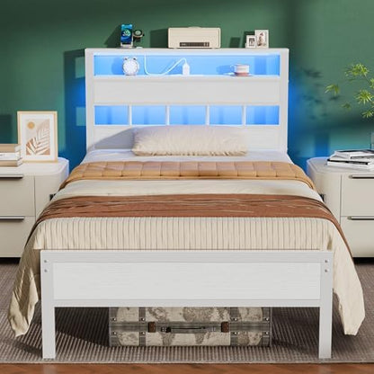 Furnulem Twin Bed Frames with Storage Headboard, Charger & RGB LED, White