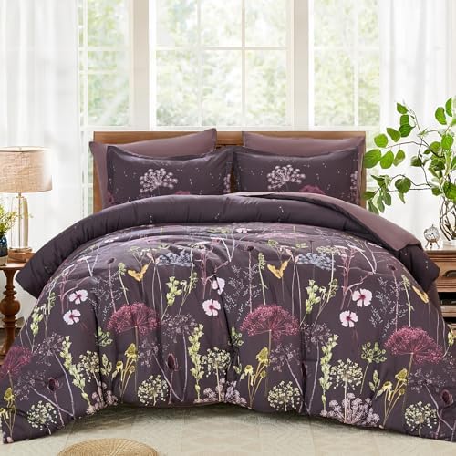 Yiran Purple Comforter Set King Size, 7 Piece Floral Dandelion Comforter Bedding Set, Botanical Bed in a Bag King, Soft Microfiber Complete Bedding Set with Sheets for All Season