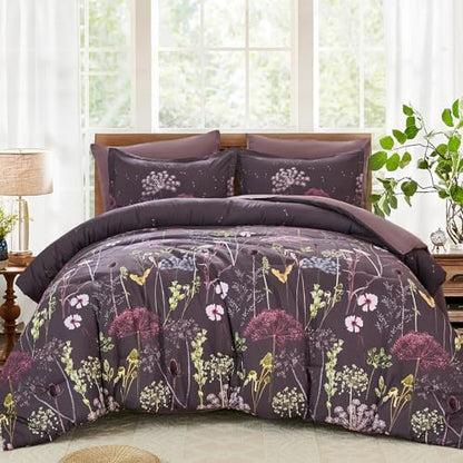 Yiran Purple Comforter Set King Size, 7 Piece Floral Dandelion Comforter Bedding Set, Botanical Bed in a Bag King, Soft Microfiber Complete Bedding Set with Sheets for All Season