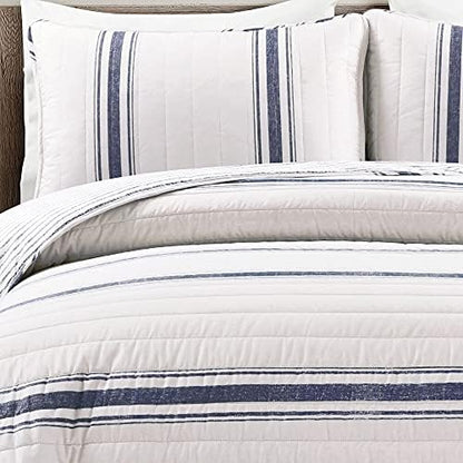 Lush Decor Farmhouse Stripe Reversible Cotton Quilt California King Size 3 Piece Set Navy - Farmhouse Bedding Set - Cal King Quilt - Striped Bedding