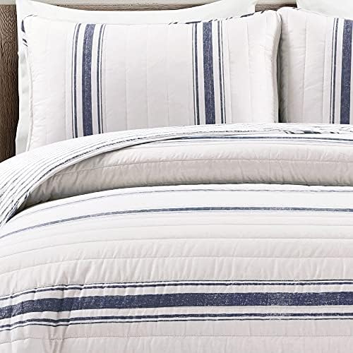 Lush Decor Farmhouse Stripe Reversible Cotton Quilt Queen Size 3 Piece Set Full/Queen Navy - Farmhouse Bedding Set Queen Quilt - Striped Bedding