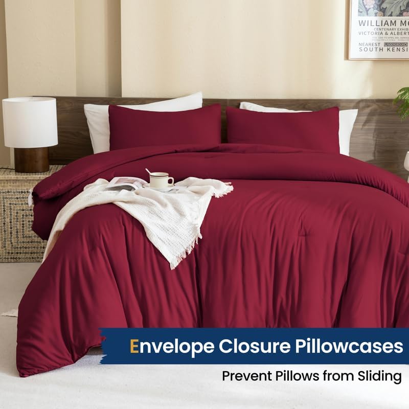 Paxrac Burgundy Comforter Set Queen, 3 Pieces Lightweight Solid Bedding Set, Soft Fluffy Comforter, All Season Bed Set (90"x90" Comforter & 2 Pillowcases)