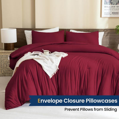 Paxrac Burgundy Comforter Set Queen, 3 Pieces Lightweight Solid Bedding Set, Soft Fluffy Comforter, All Season Bed Set (90"x90" Comforter & 2 Pillowcases)