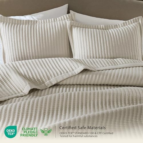 WDCOZY Beige Twin Size Quilt Set, Striped Pick Stitch Bedspread