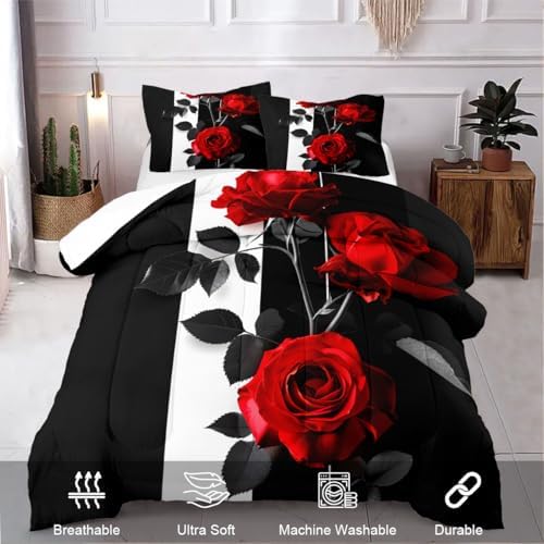 CCoutueChen Red Black Comforter Set Queen Striped Rose Floral Bedding