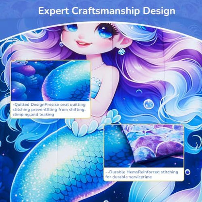 Viviland Kids Bedding Set Twin Size Comforter Sets, Bed in Mermaid Cover Set for Children