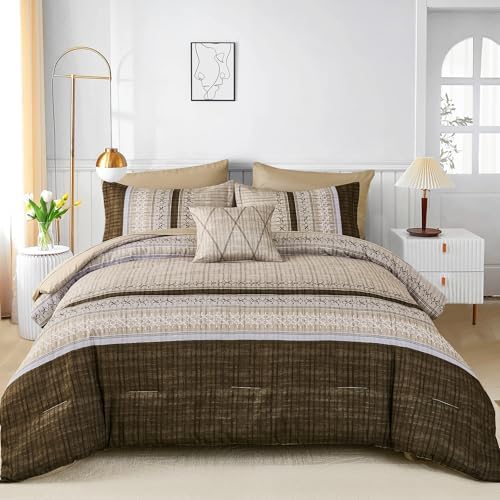 Dintszyayue Brown Comforter Set Queen Size, 8 Pieces Boho Striped Bed in a Bag Soft Microfiber Bedding Set for All Season
