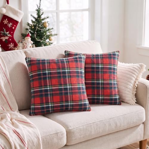 AVOIN colorlife Christmas Dark Blue Red Plaid Decorative Throw Pillow Covers, 20 x 20 Inch Holiday Scottish Tartan Cushion Case Farmhouse Decoration for Sofa Couch Set of 2