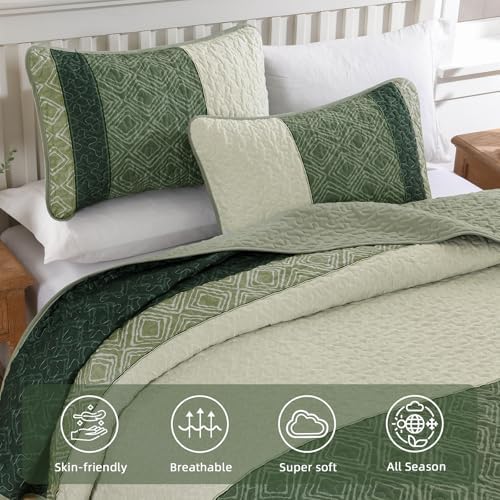 Cottolester Sage Green Full Quilt Set,3 Pcs Summer Striped Bedspread Set